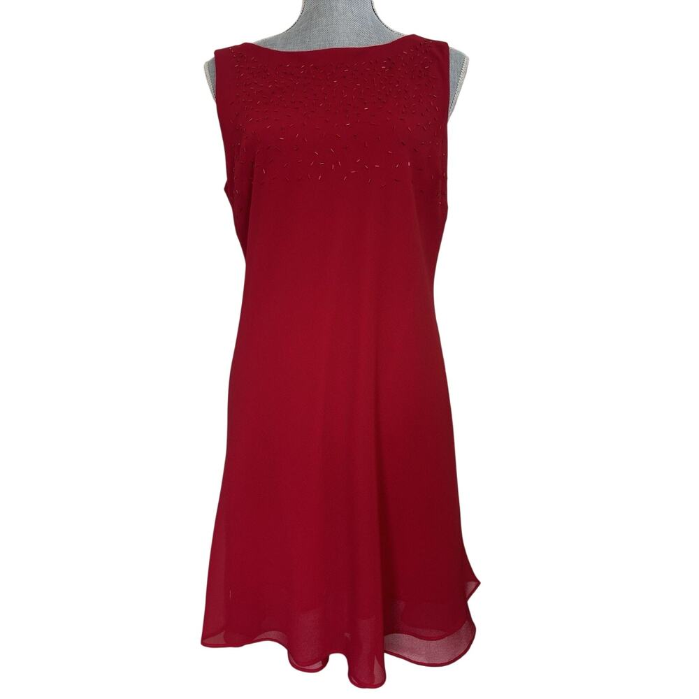 Y2K Red Beaded Chiffon Sleeveless Cocktail Dress Size 12 Wedding Guest Cowl Back
